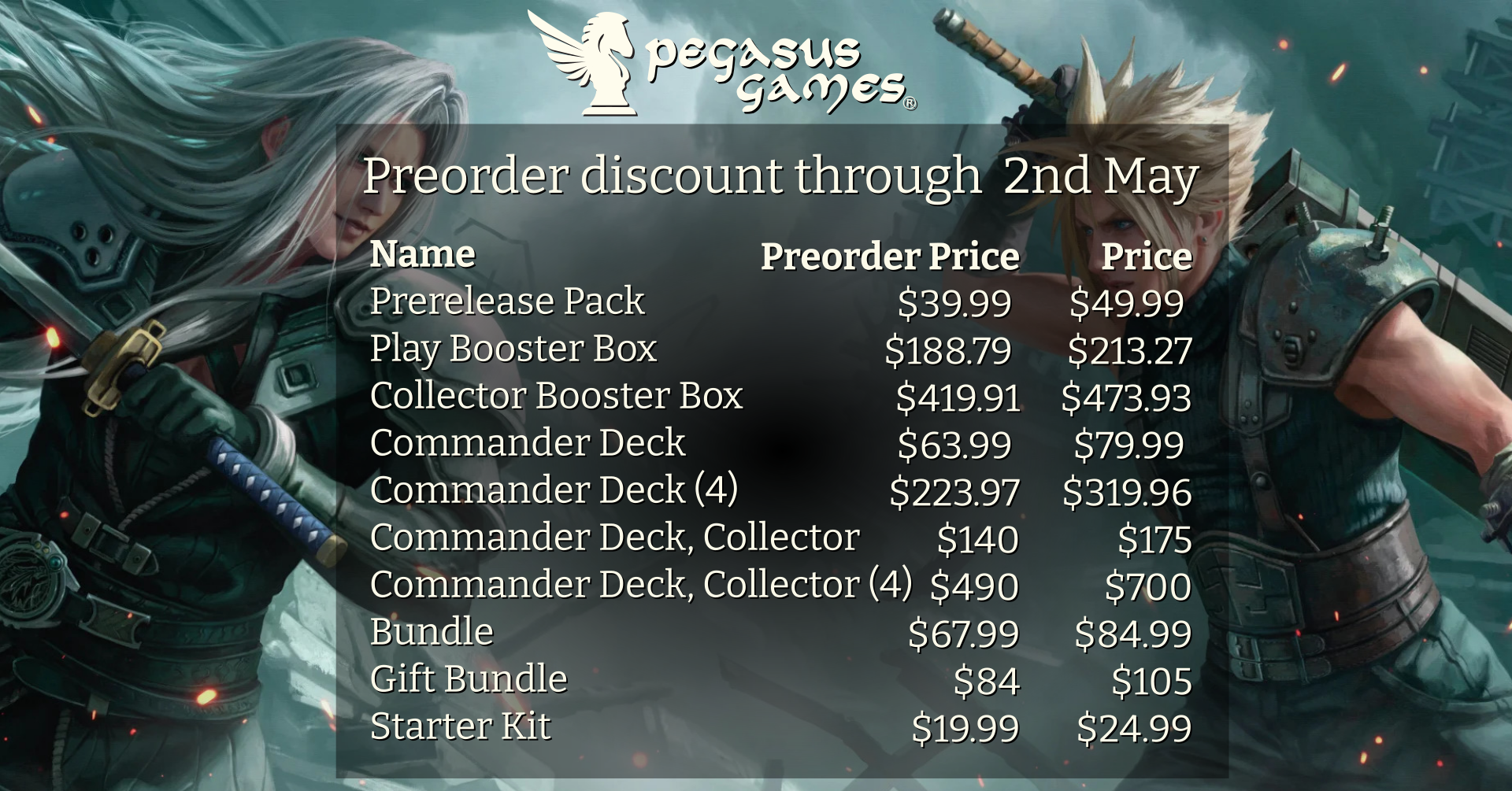 Final Fantasy product list with prices